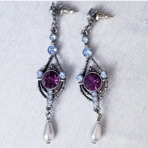 Purple Blue and Pearl Drop Dangle Earrings - Picture 4 of 5
